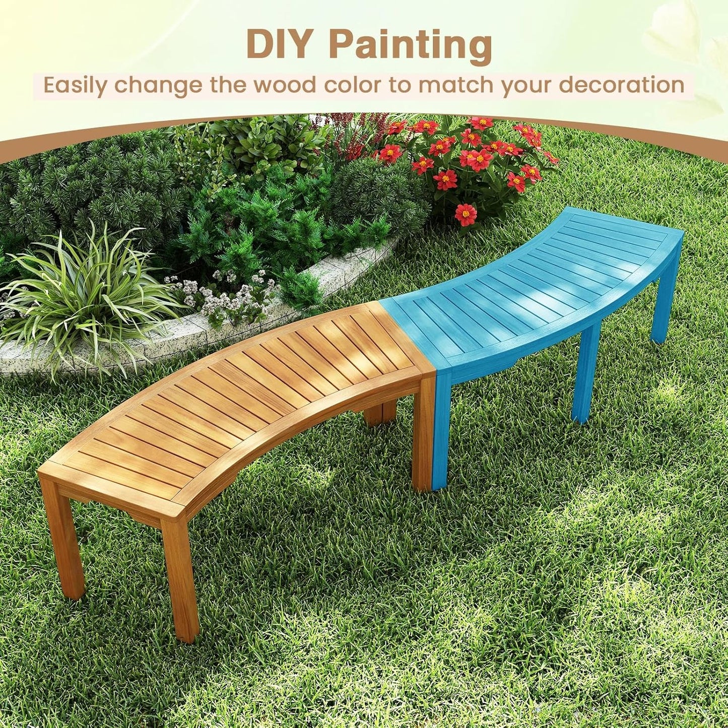 Tangkula Outdoor Curved Bench, Acacia Wood Fire Pit Bench w/Slatted Seat, Patio Backless 2-Person Seating for Porch, Yard, Garden, 800 LBS Max Load, Oil Painted (2, 45")