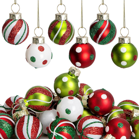 Watayo 24 Pcs Christmas Glittering Elf Balls Glass Ornaments for Tree, 1" Mini Painted Swirl Dots Elf Balls Hanging Ornaments, Christmas Red Green Ball Tree Decoration for Xmas Party Home Decor