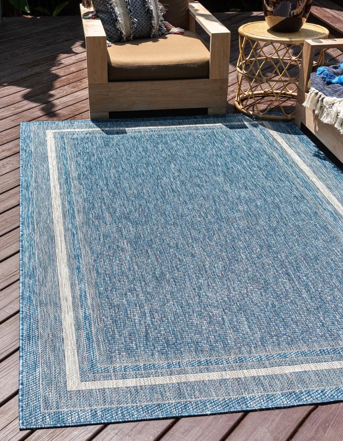Unique Loom Outdoor Border Collection Area Rug - Soft Border (5' 3" x 7' 1" Rectangle Blue/Ivory)