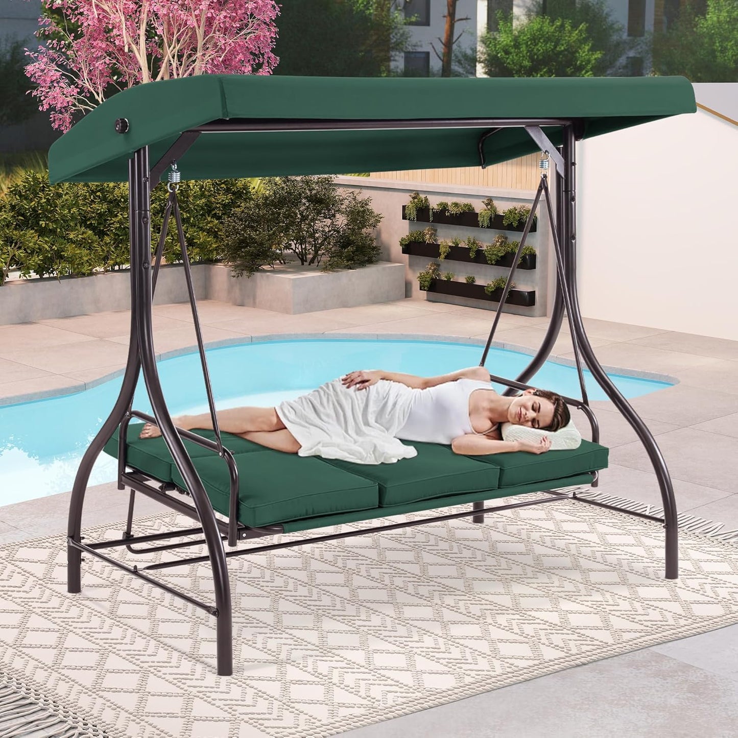 MCombo 3-Seat Outdoor Patio Swing Chair, 2-in-1 Convertible Porch Swing Glider Chair with Removable Cushions, Adjustable Canopy & Pillows for Backyard, Deck, Garden, 4068 (Green)