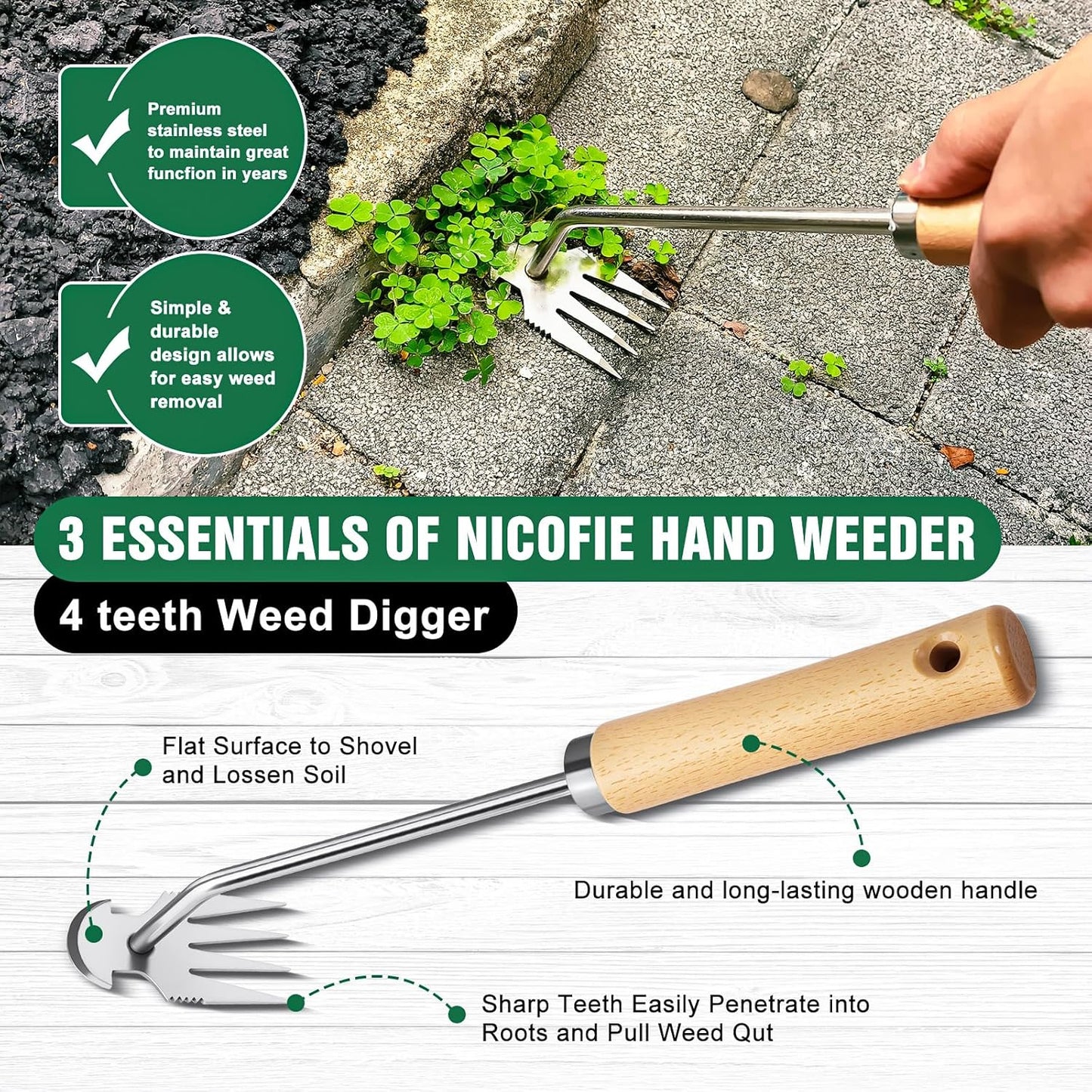 Hand Weeder Tool, Stainless Steel 2 Pcs Weeder Tool for Garden and Farm,Weeding Tool for Gardening,Garden Weeder, Weed Pulling Tool, Weed Puller Tool