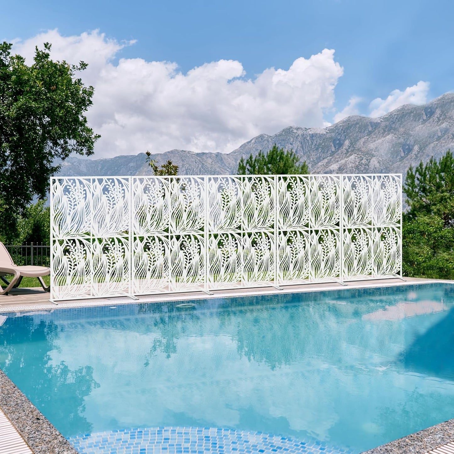 Metal Privacy Screen W3.8Ft x H 6Ft Outdoor Patio Privacy Panels Free Standing Divider Decorative for Balcony Garden Room Lawn Deck (1, White Leaf)