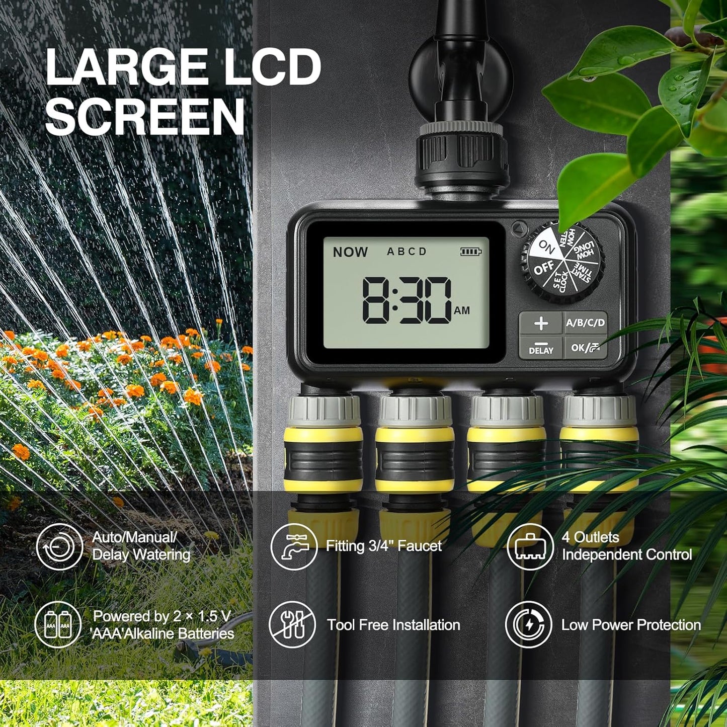 Sprinkler Timer,4 Outlets Programmable Water Timer for Garden Hose,Outdoor Hose Timers with Rain Delay/Manual/Automatic Watering System,Digital Irrigation Timers for Yard,Lawn