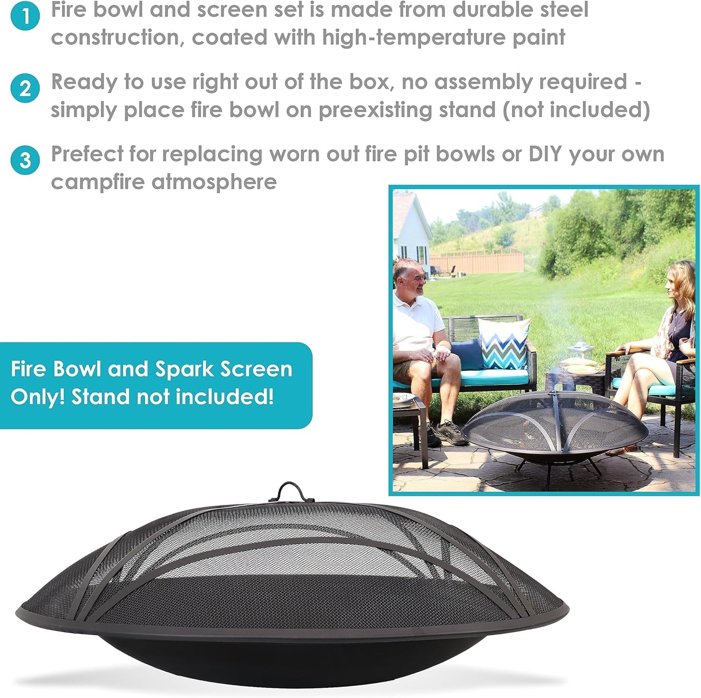 Sunnydaze 39-Inch Replacement Steel Fire Pit Bowl with Round Spark Screen - High-Temperature Painted Finish