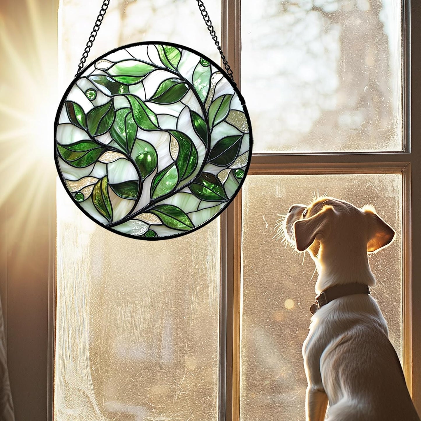 Stained Glass Window Hanging - White Green Leaves Suncatcher for Doors Window Home Plant Sun Catchers Decor Christmas Mother's Day Birthday Gifts for Teacher Women Men Mom Nana 6.3 in