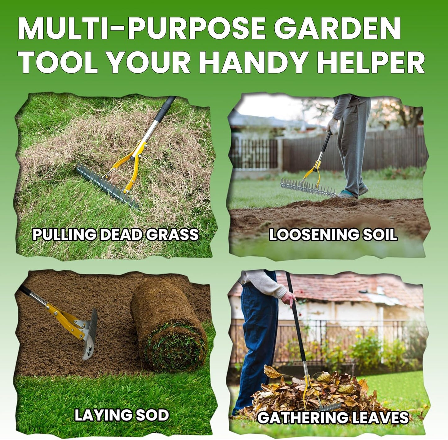 Thatch Rake for Lawn with 74inch Handle, 15 inch Dethatcher Rake for Grass to Cleaning Dead Grass, Efficient Steel Metal Rake for Dethatching, Heavy Duty Thatching Rakes for Garden, Yard