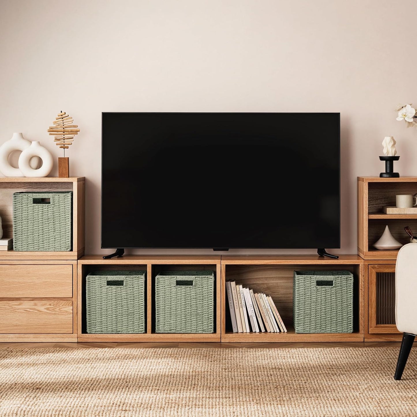 UBBCARE 2 Pack Wicker Basket, 11.8L×11.8H×11W inch Woven Paper Rope Storage Baskets for shelves, Foldable Cube Storage bin with Handle, Storage Basket for Organizing & Decor, Green