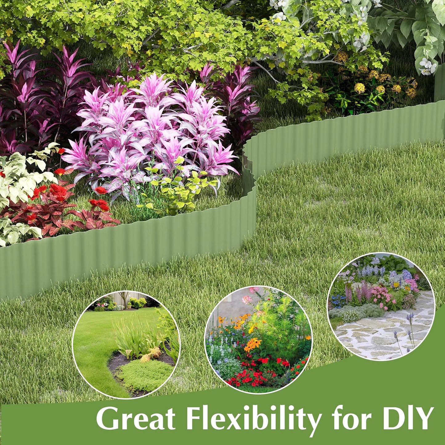 Metal Garden Edging Border, Corrugated Steel Landscaping, DIY for Lawn (Green, 8 Inch x 20FT)