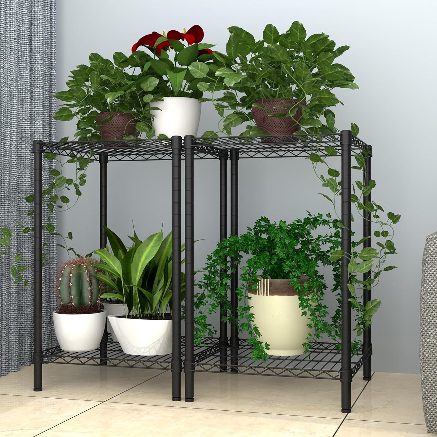 Xiofio 2 Tier Metal Plant Stand for Indoor and Outdoor Plant Shelf, Multi-Functional Adjustable Shelf Plant Stands Flower Stands With hanger rod for Living Room Balcony and Garden,Black