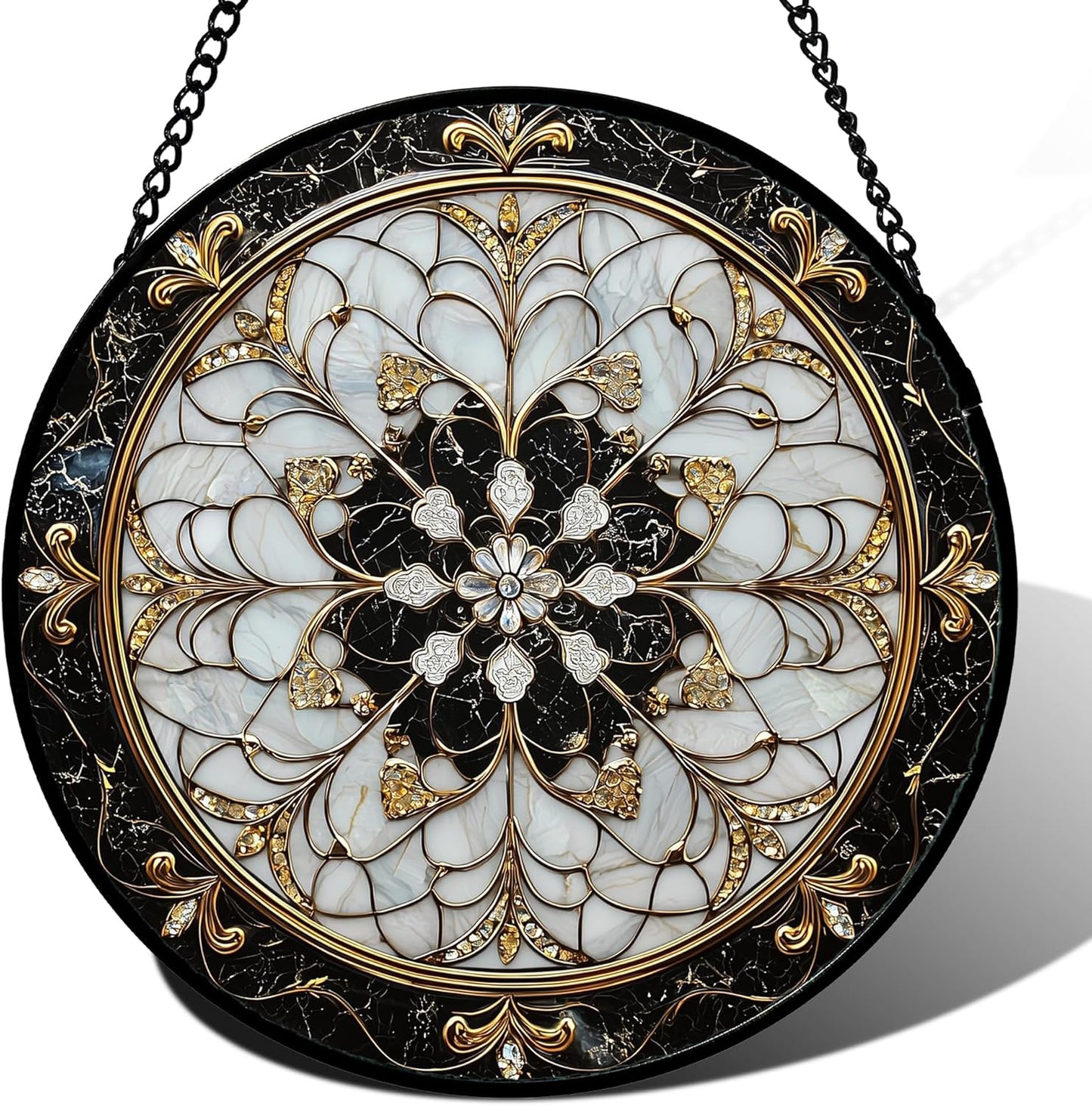 Stained Glass Window Hanging, Black and White Gold Boho Pattern Suncatcher for Doors Window Home Abstract Flower Sun Catchers Decor Mother's Day Birthday Gifts for Women, Men Mom 9.8 in