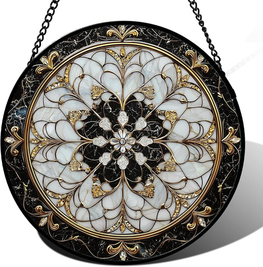 Stained Glass Window Hanging, Black and White Gold Boho Pattern Suncatcher for Doors Window Home Abstract Flower Sun Catchers Decor Mother's Day Birthday Gifts for Women, Men Mom 7.8 in