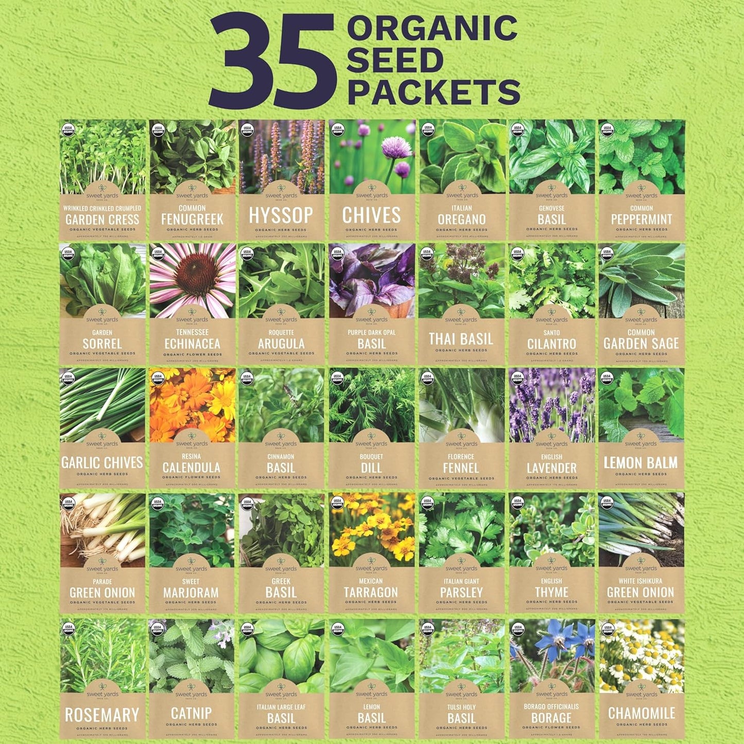 Organic Herb Seeds Variety Pack - 35 Individual Packs - 2025 Season - Basil, Cilantro, Dill, Thyme, Parsley and More! for Indoor & Outdoor Planting (Non-GMO, Certified Organic)