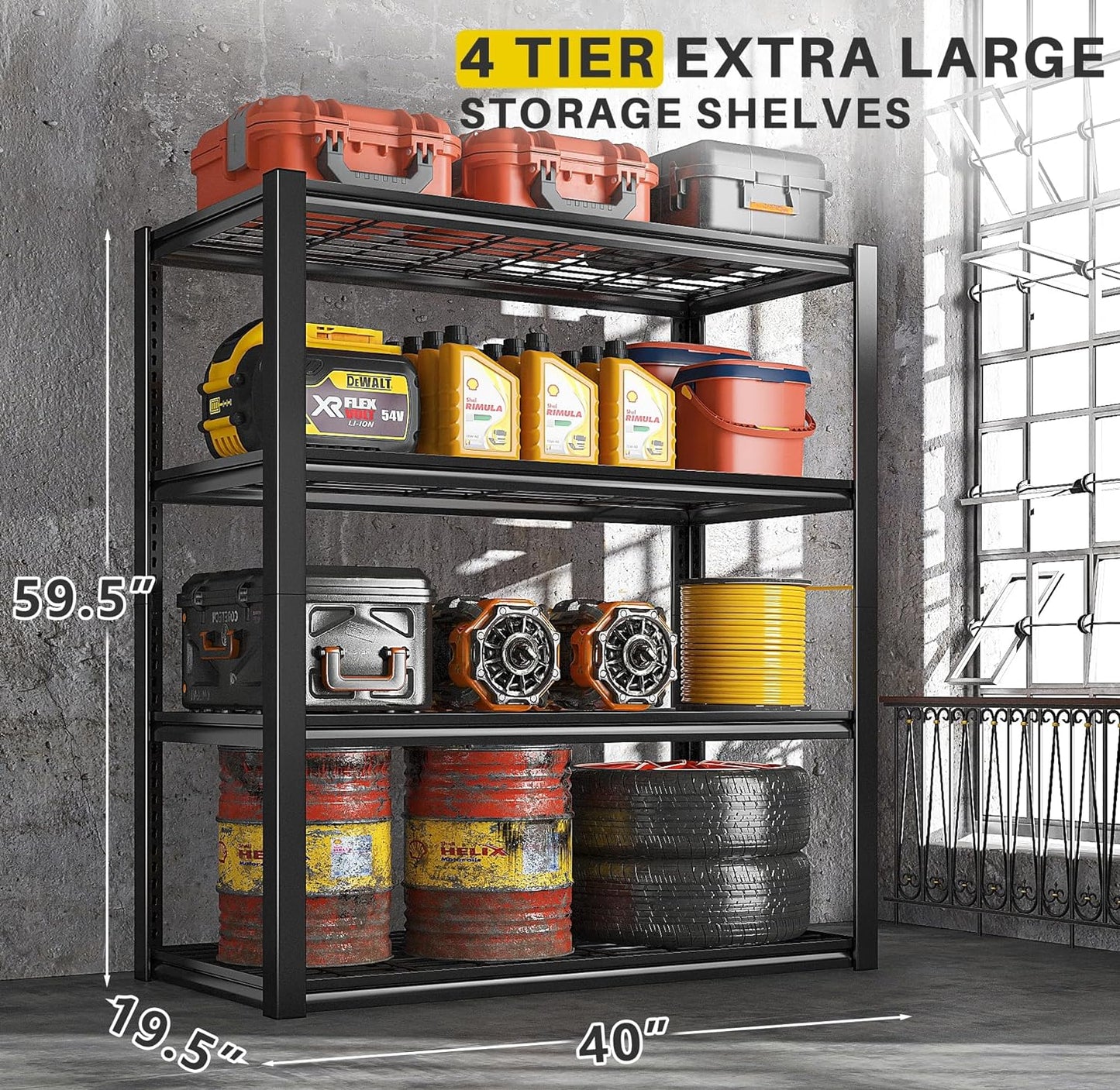 REIBII 40" W Garage Shelving 2240 LBS Storage Shelves Adjustable Metal Shelving Heavy Duty 4 Tier Metal Shelves for Garage Kitchen Pantry Warehouse Basement 40" W × 19.5" D × 59.5" H, 2 Pack