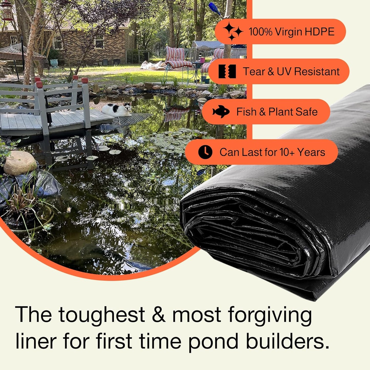 MaPorch HDPE Pond Liner - 16.5 x 26.5 ft, Black, 20 mil - UV Resistant for Pool Liner - Heavy-Duty Leak-Proof Protection for Pond Fountain - Flexible Tear-Resistant Design for Outdoor Fountain