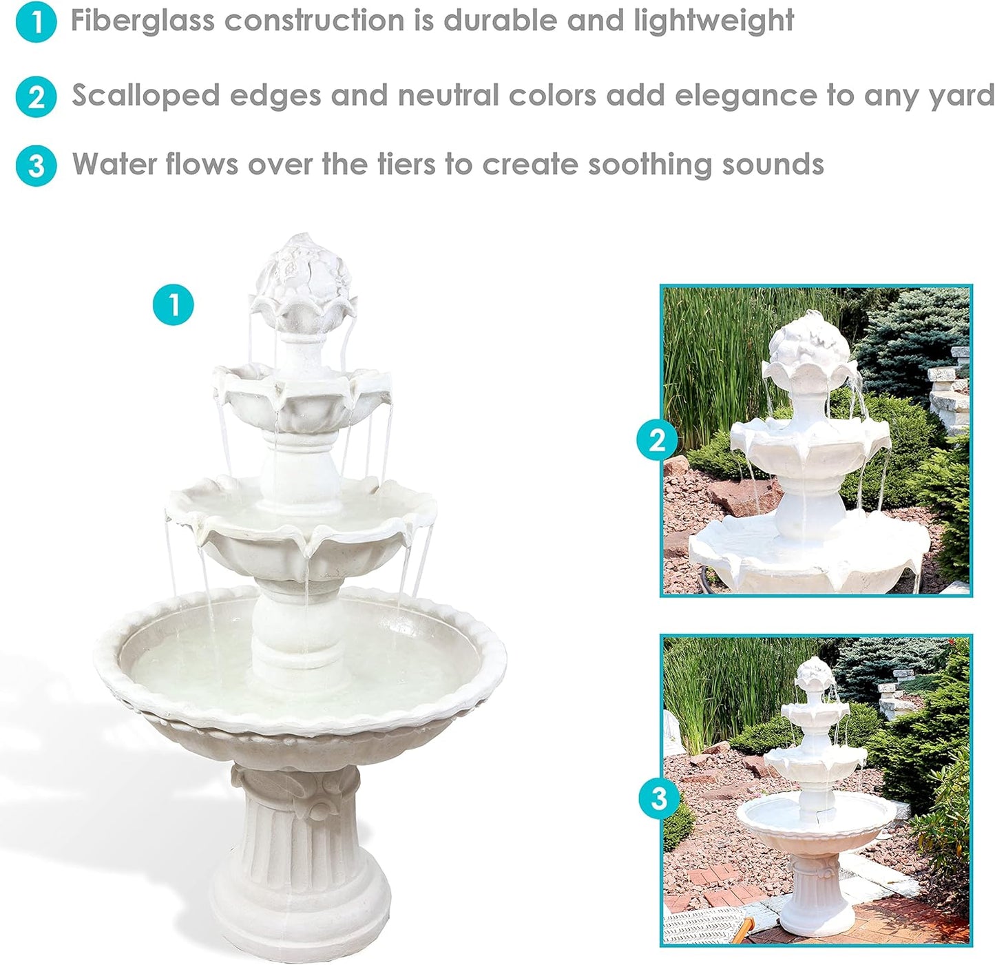 Sunnydaze 52-Inch 3-Tier Outdoor Water Fountain with Fruit Top - Large Outdoor Water Feature for Garden, Patio, Yard or Balcony - White
