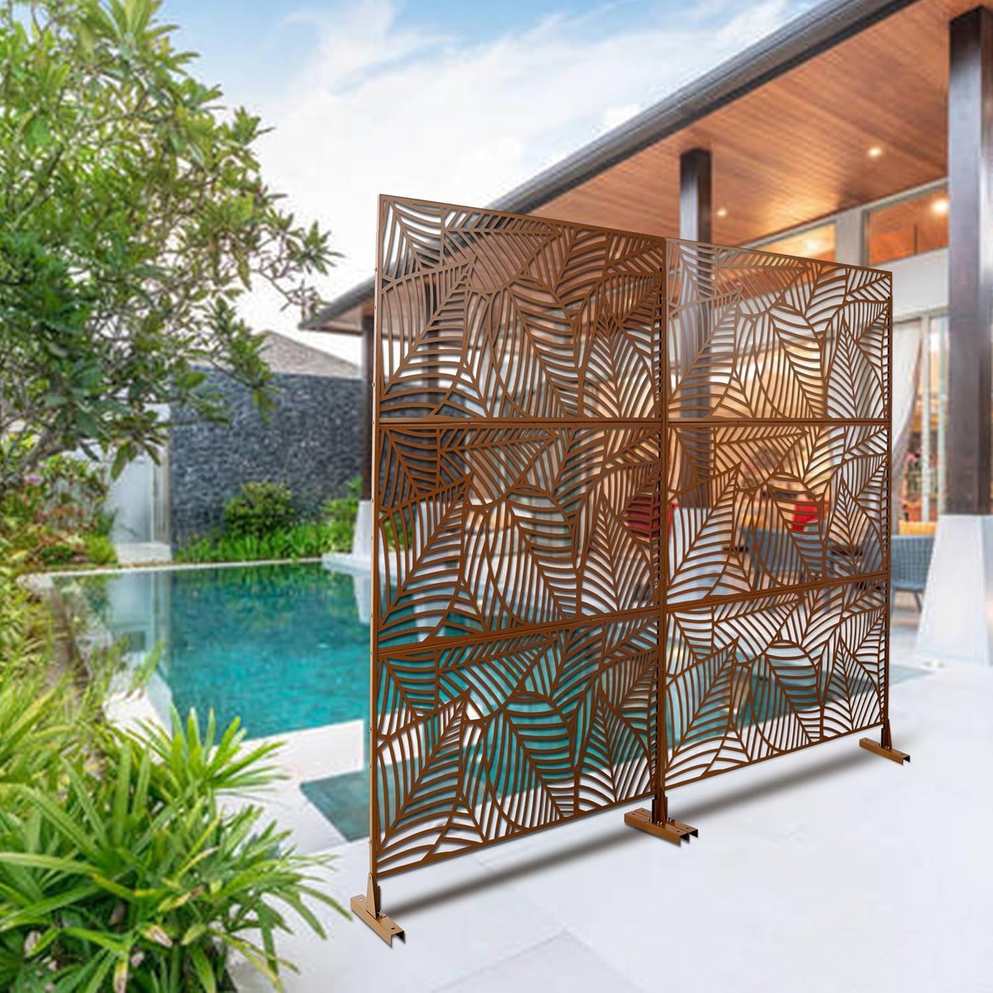 Metal Privacy Screens 76" H Outdoor Privacy Screens Panels Outdoor and Indoor Leaf Pattern Divider Freestanding Decorative Privacy Fence Panels for Balcony Patio Garden, Brown