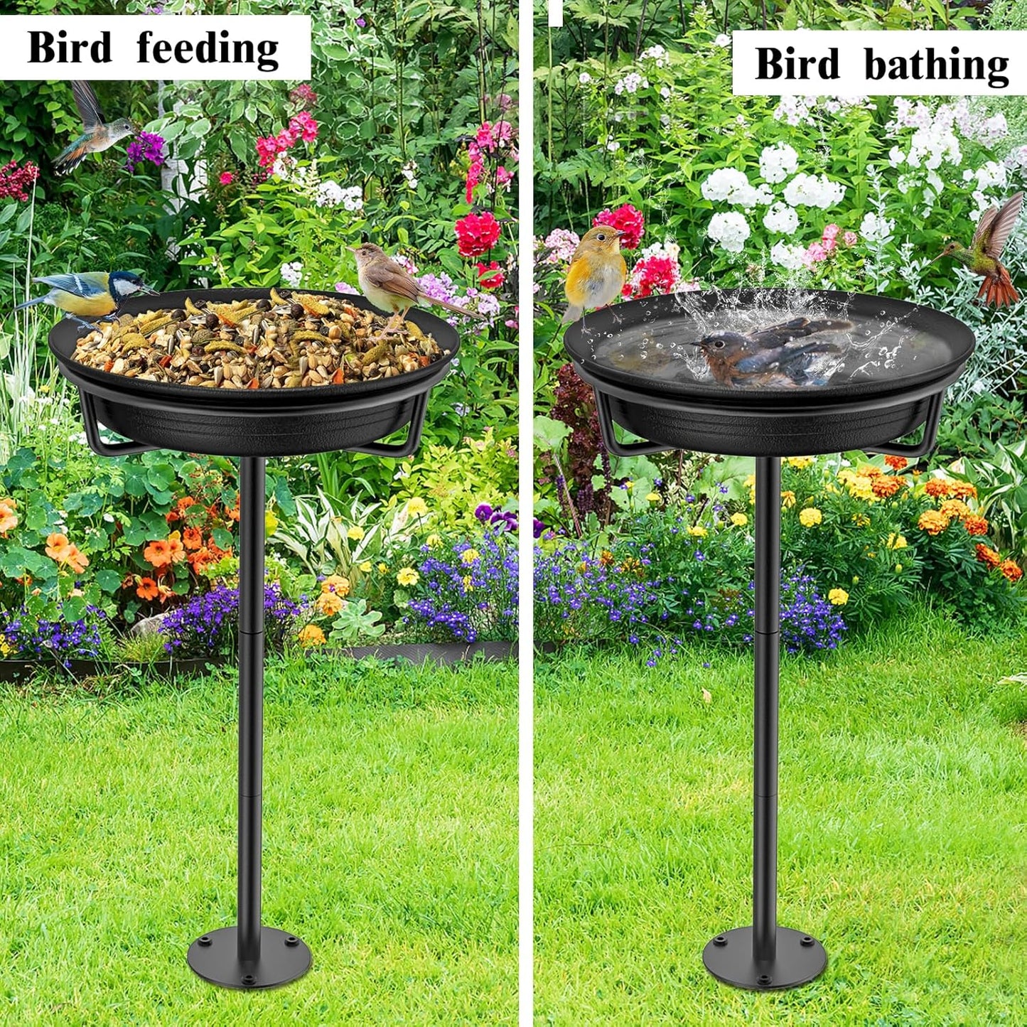 Bird Baths for Outdoors, Detachable Birdbaths for The Garden Clearance, Freestanding Bird Baths for Outdoors Heavy Duty, Bird Bath Bowl Spa & Birdfeeder with Metal Stake Stand (Black)