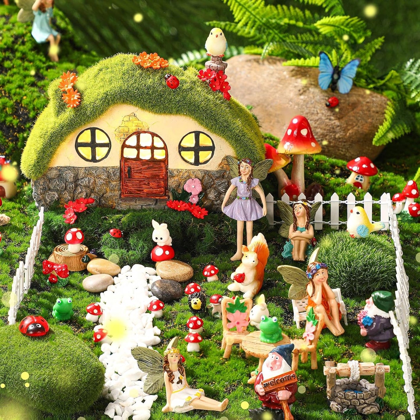 Suzile 50 Pcs Solar Fairy House Garden Accessories Light up Flocked Fairy House Garden Kit Green Resin Miniature Mushroom Figures Micro Landscape Ornament(Stone House)