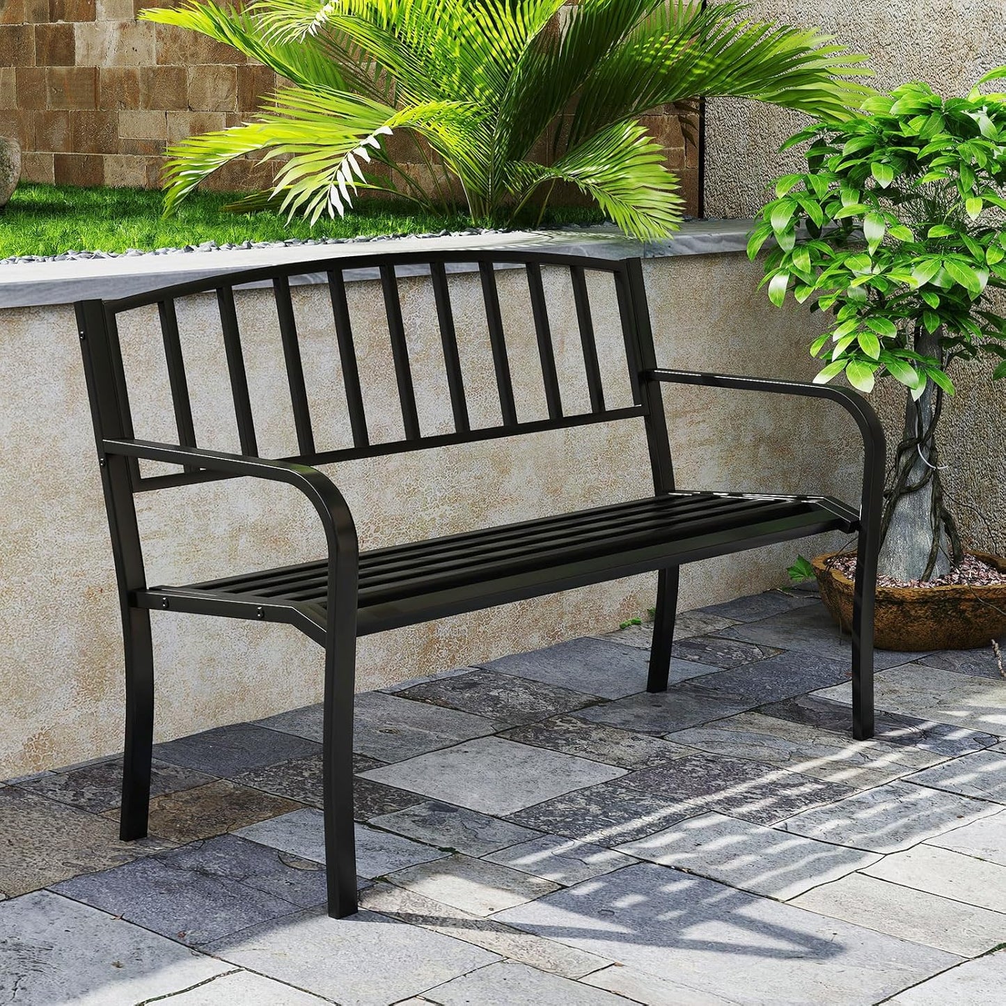 Tangkula Metal Outdoor Park Bench, 50 Inches Patio Garden Bench with Slatted Backrest and Curved Armrests, 2-3-Person Patio Bench, Outdoor Metal Loveseat Chair for Porch, Lawn, Yard and Park