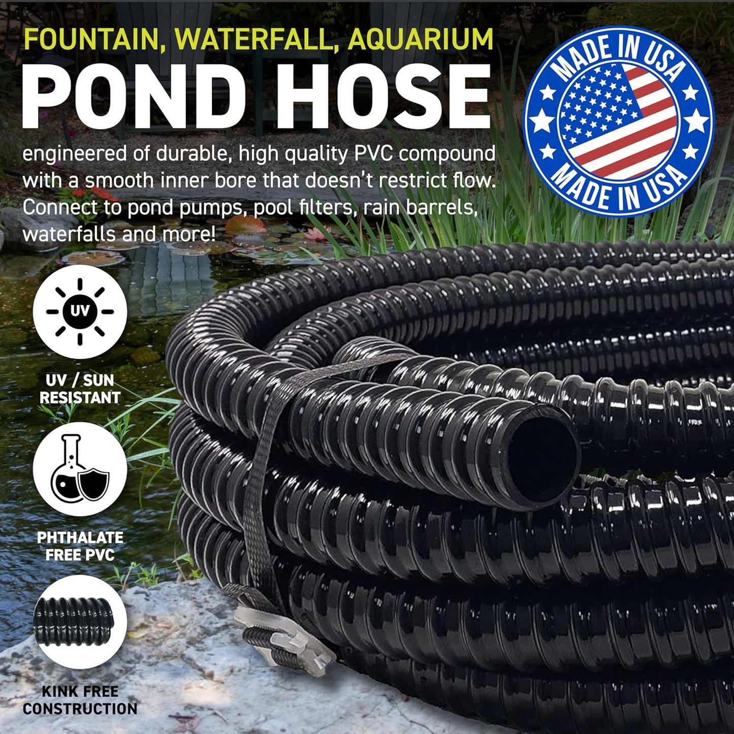 Sealproof Kinkproof 1-1/4 Dia Pond Tubing, Waterfall Pump & Aquarium Hose, 1-1/4-Inch ID, 20 FT, Black, Corrugated, Made in USA
