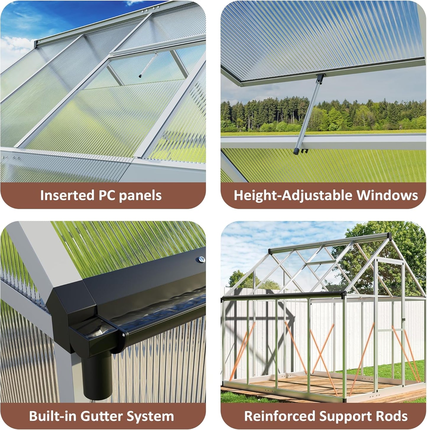 Greenhouse - 8x12 FT Quick Setup Polycarbonate with Roof Vent, Aluminum Large Walk-in for Outside Garden Backyard, Sliver