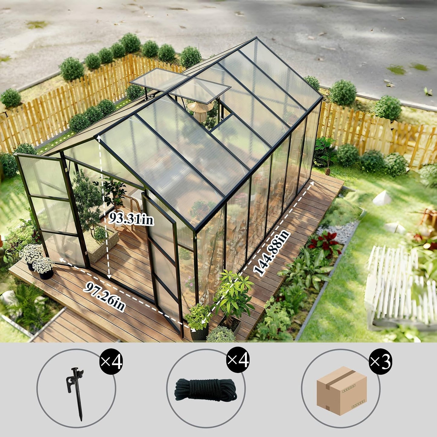 120*144*104in Greenhouse for Outdoors,Polycarbonate Greenhouse with Stronger Wind Protection and Roof Vent,Walk-in Large Aluminum Sunroom Winter Proof,Black
