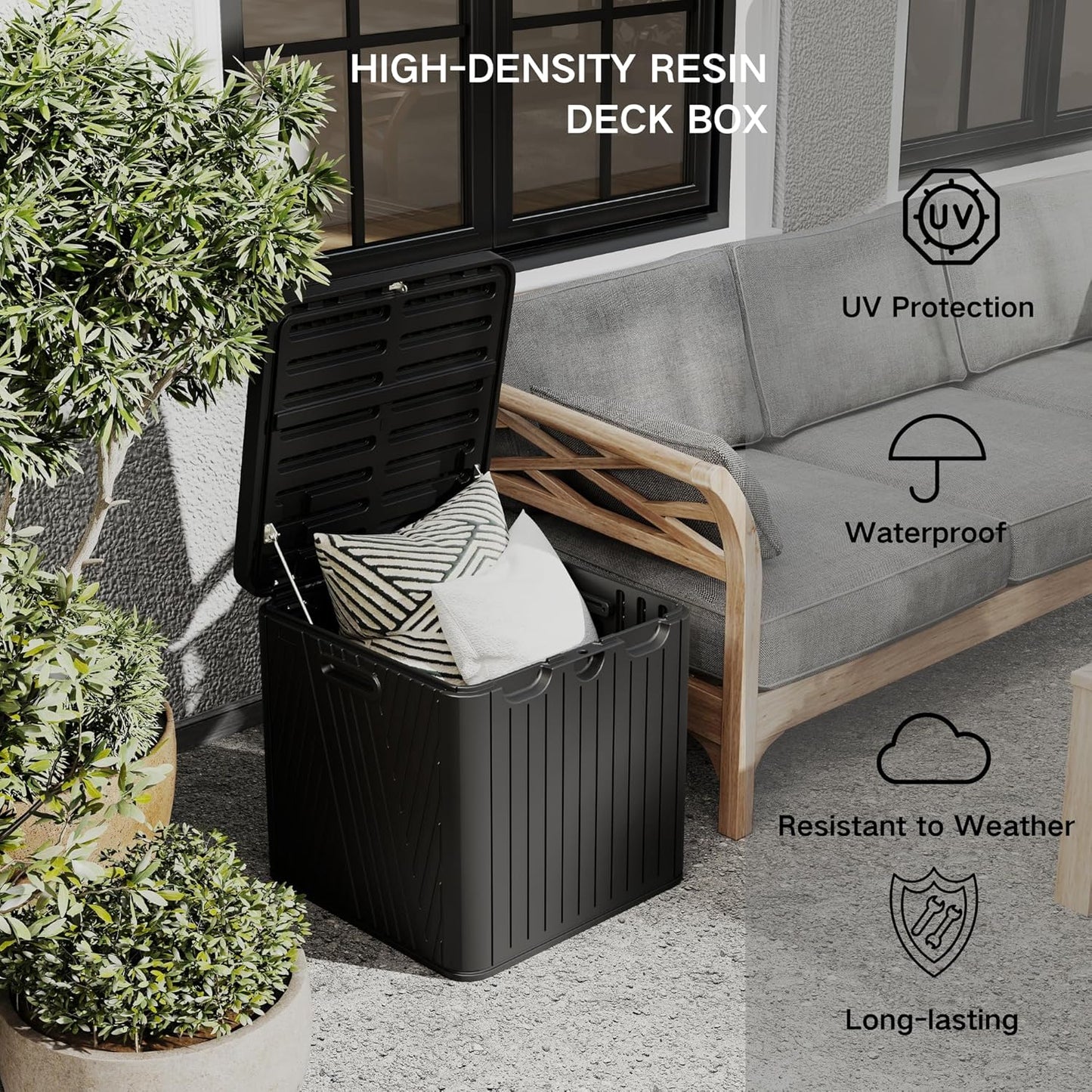 Kingdura 60 Gallon Outdoor Storage Box, Waterproof Resin Deck Box for Indoor and Outdoor Use, Lockable Storage Container for Patio Furniture Cushions Garden Tools (Black, 60 Gallon)