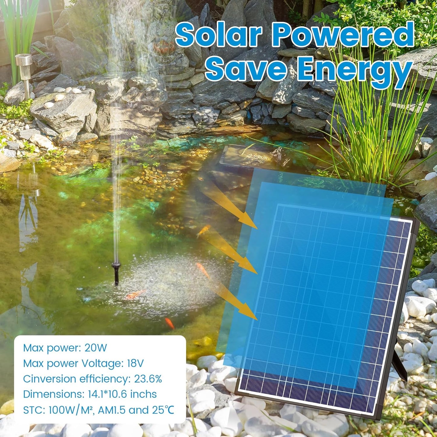 NFESOLAR Pond Filter Fountain, 20W Solar Filter Fountain with120 GPH Submersible Pump, 16.4ft Long Cable, 6.6ft Tubing for Outdoor Koi Pond, Fish Tank and Garden Water Features N3322