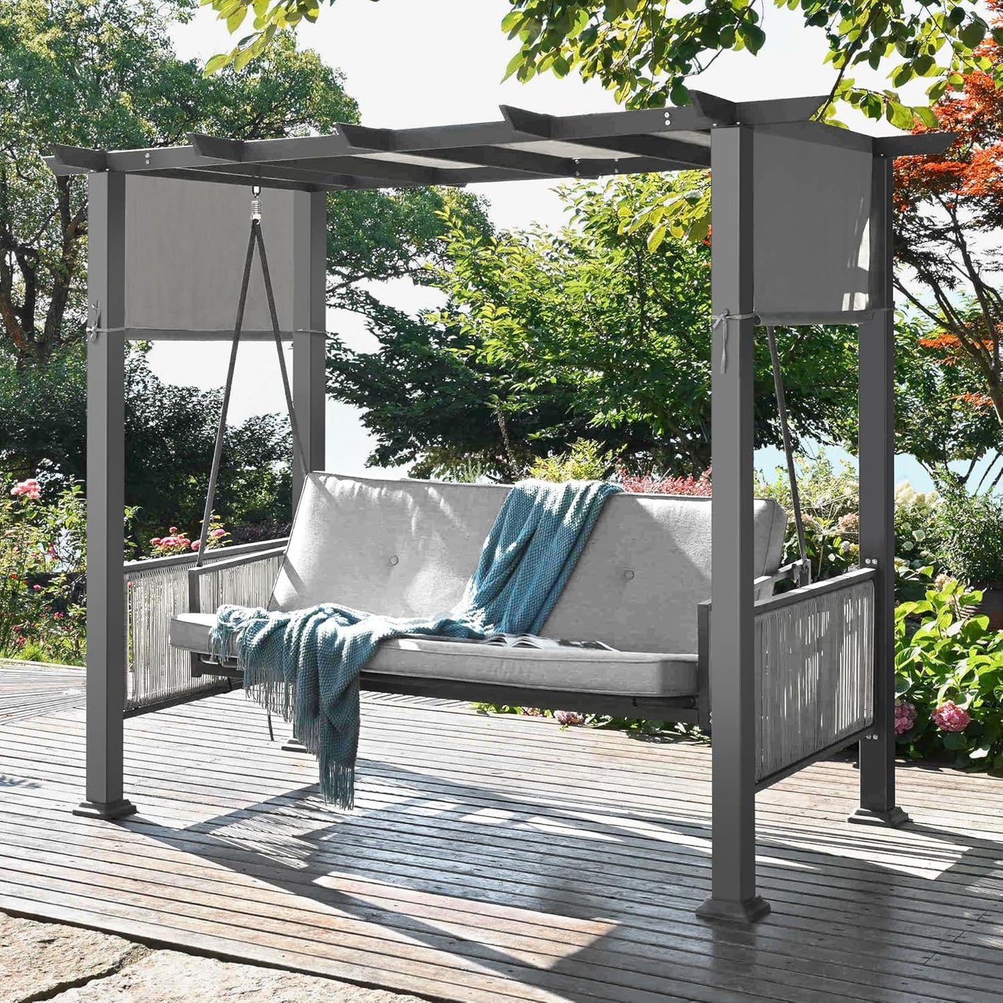 Pamapic 2-in-1 Convertible Porch Swing Bed, 3-Seat Elegant Patio Swing with Wicker Armrests, Outdoor Chair with Adjustable Canopy for Balcony, Garden, and Poolside, Gray