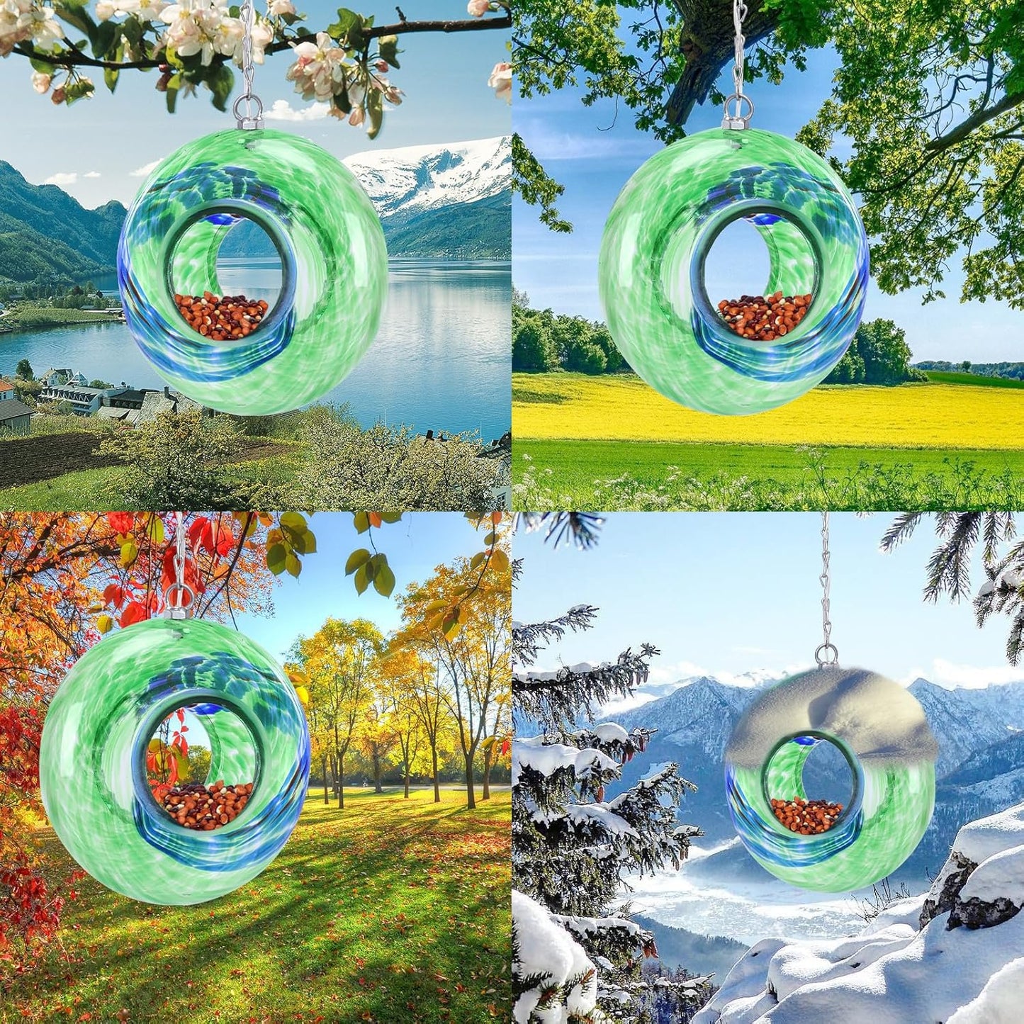 Yinns Glass Bird Feeders, Hanging Fly Through Birds Feeder for Outsiade, Solar Birdfeeder for Garden Decor Bird Lvoers Gifts, 8-Inch（Green）