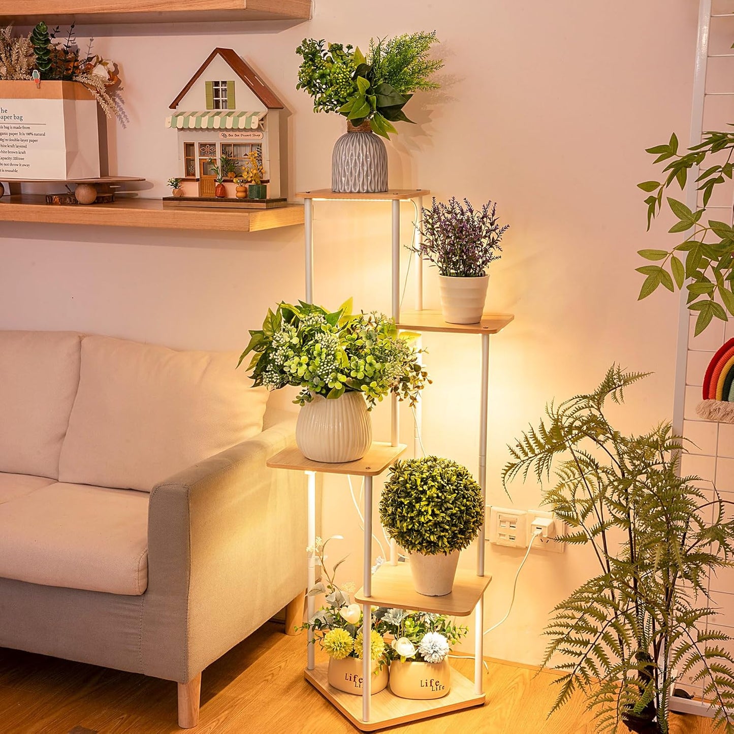 Dreyoo Plant Stand with Grow Light Indoor, 5 Tier 5 Potted Sturdy Metal Plant Shelf, Multiple Holder Tall Ladder for Display Flower Corner Living Room Office(White, Wood Color)