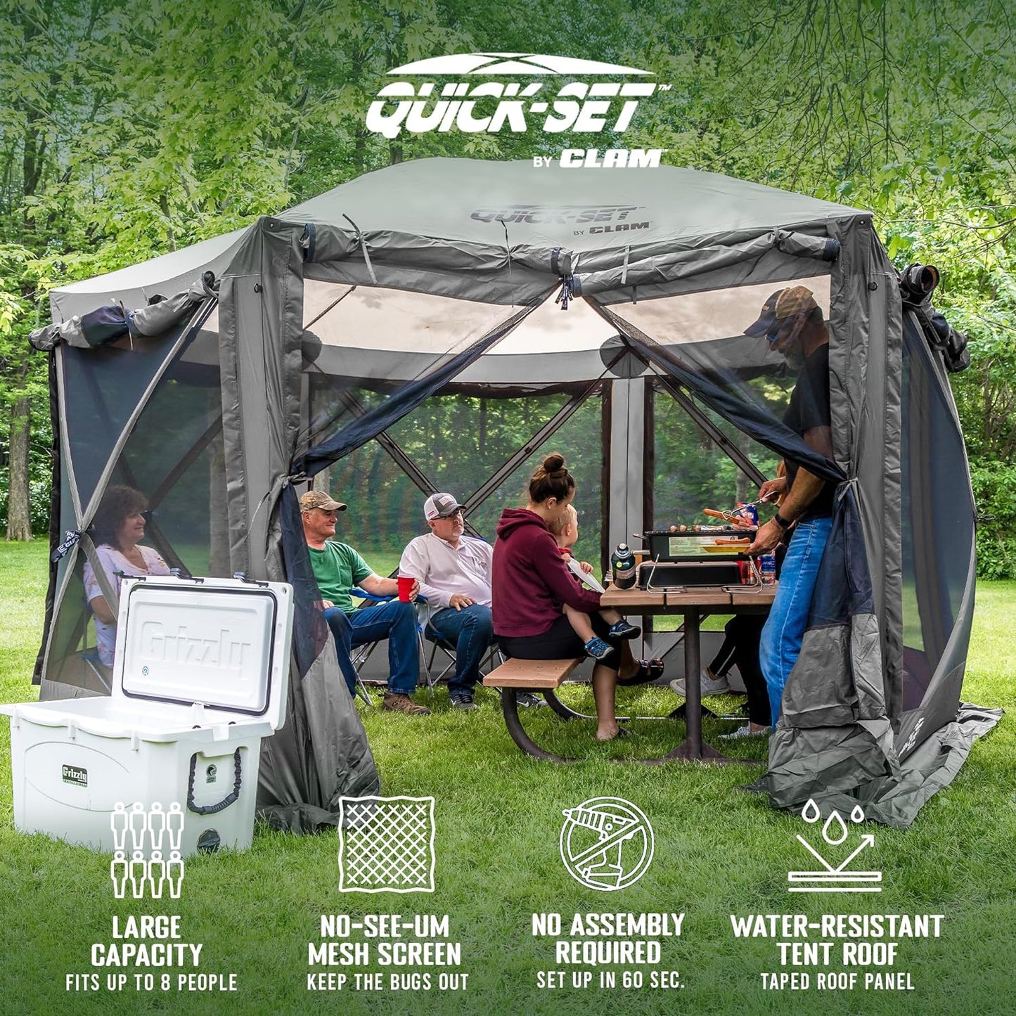 CLAM Pop Up Screen Tent, Outdoor Camping Gazebo Canopy, Pavilion, 12.5', Gray - Heavy-Duty Portable Screened Shelter with Netting for Beach, Patio, and Backyard
