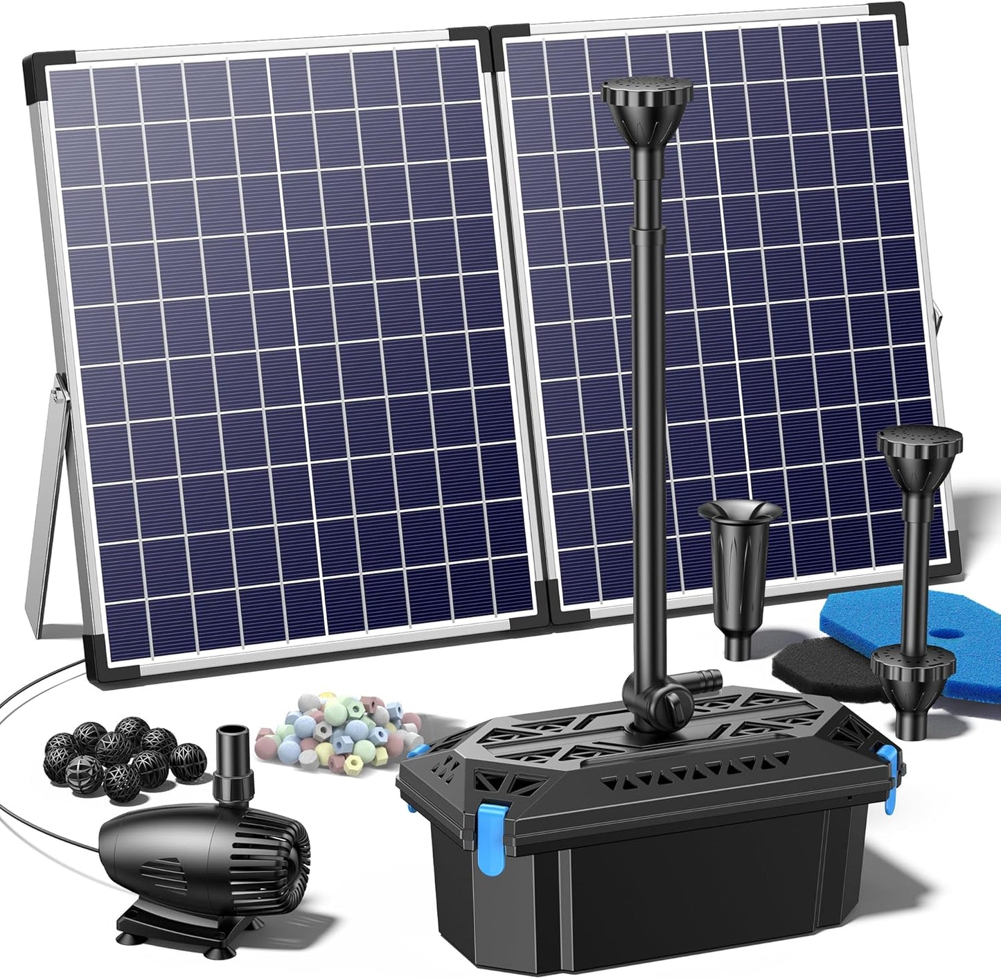 NFESOLAR Pond Filter Fountain with 50W Solar Panel, 580 GPH Water Pump, 10 FT Extension Cord, Solar Fountain Pump with Pond Filter Box Outdoor for Koi Ponds Water Feature Waterfall Pool