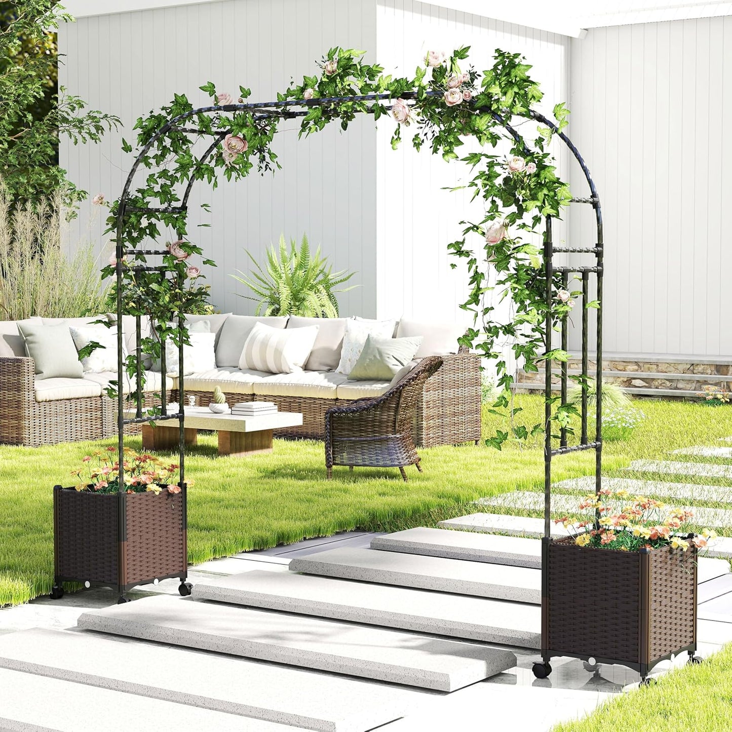 Giantex 6.6 FT Garden Arch with Trellis & 2 Planter Boxes, Tall Arbor for Climbing Vine, Flowers, Decorative Gate for Wedding Ceremony Party (Brown+Black)