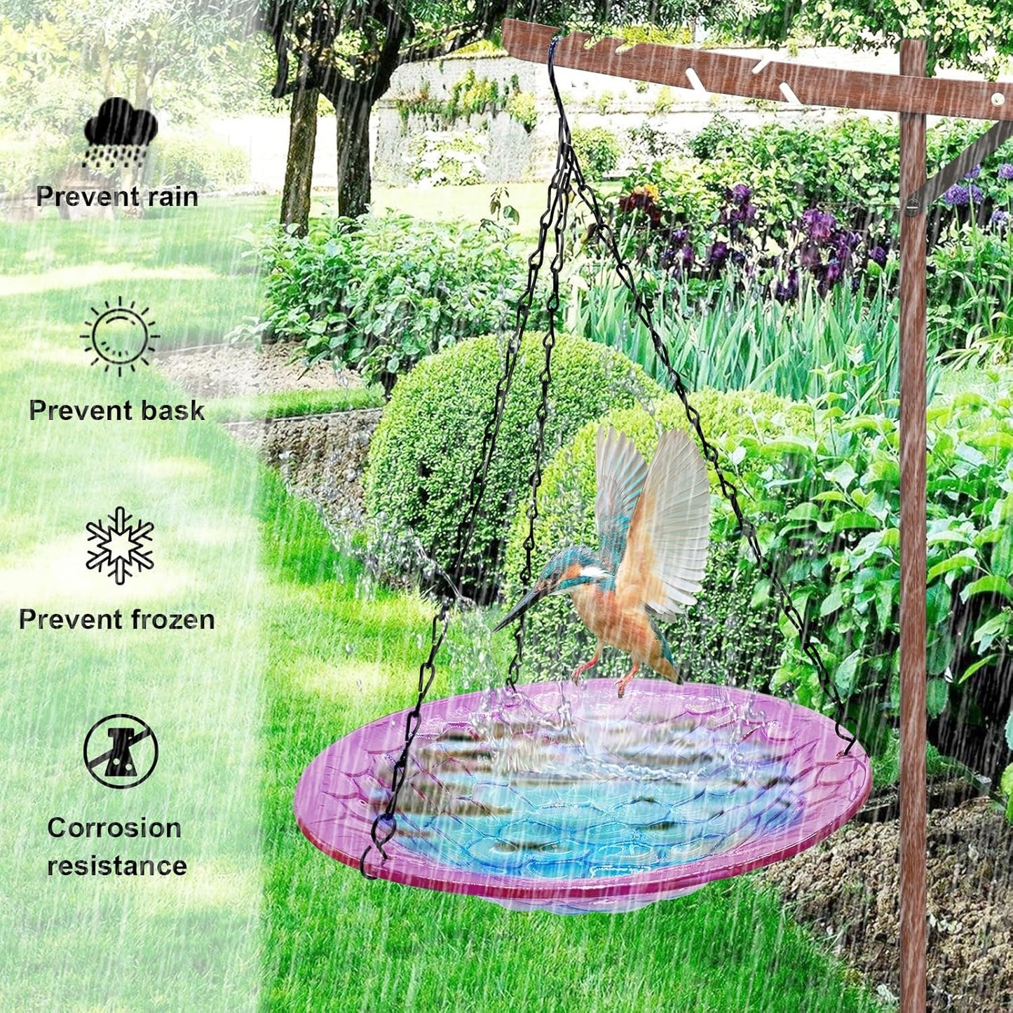 Hanging Birdbath, Outdoor Glass Birdbath, Purple and Blue Texture Pattern Bird Feeder for Garden Patio Decoration