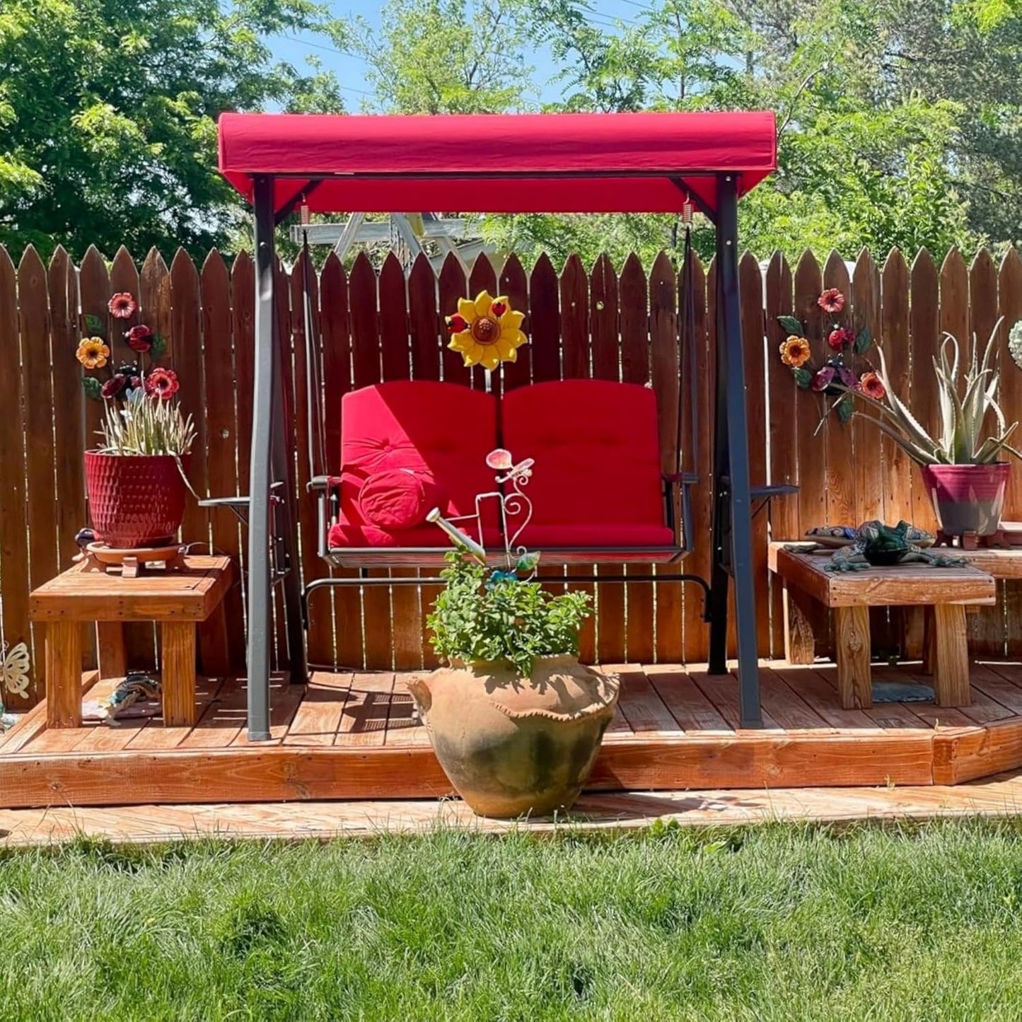 PURPLE LEAF Outdoor Patio Porch Swing with Stand, 2-seat Swing Chair with Adjustable Tilt Canopy All-Weather Steel Frame for Backyard Front Porch Lawn, Cushions and Pillow Included, Terra