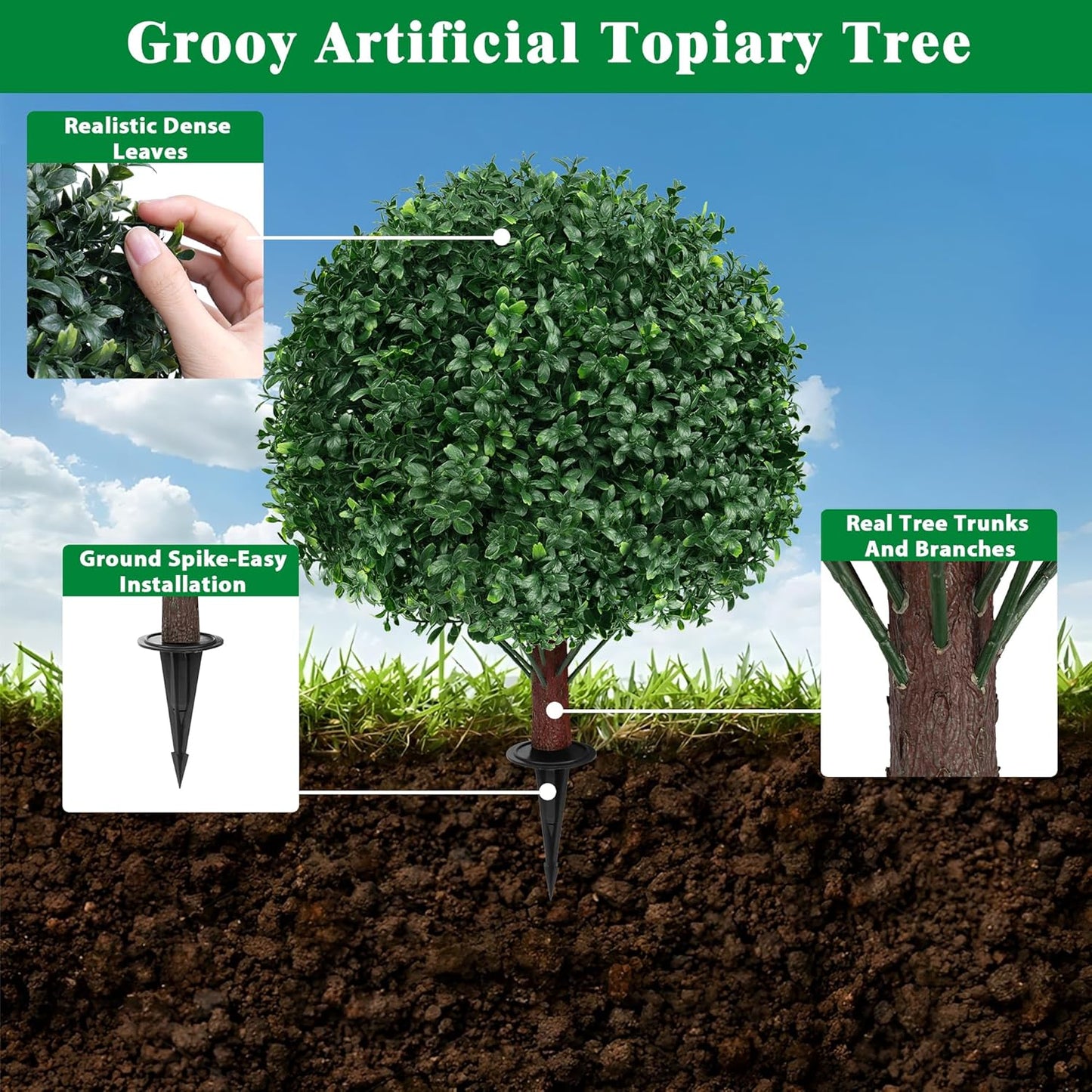 Artificial Boxwood Topiary Ball Tree with Ground Spike, Set of 2 Artificial Shrub Bushes, Fake Evergreen Tree for Porch, Artificial Plants for Outdoor Planters Indoor UV Resistant