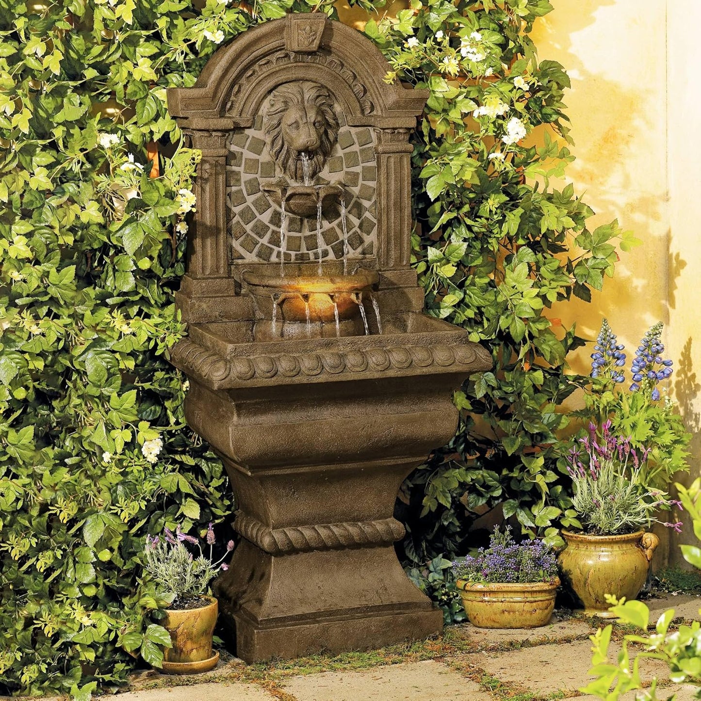 Royal Lions Head 51" High Large Italian Outdoor Decor Faux Stone Floor Fountain with Light Statue Waterfall Standing Tiered Water Feature for Outside Garden Patio Yard Backyard Porch - John Timberland