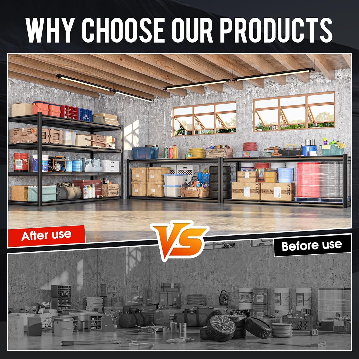 59.8" W x 59.8" H x 24.2" D Metal Storage Shelves, 2120LBS Garage Shelving Unit with Adjustable Shelf, 4 Tier Storage Rack for Garage, Pantry, Warehouse, Basement, Black, 2 Pack