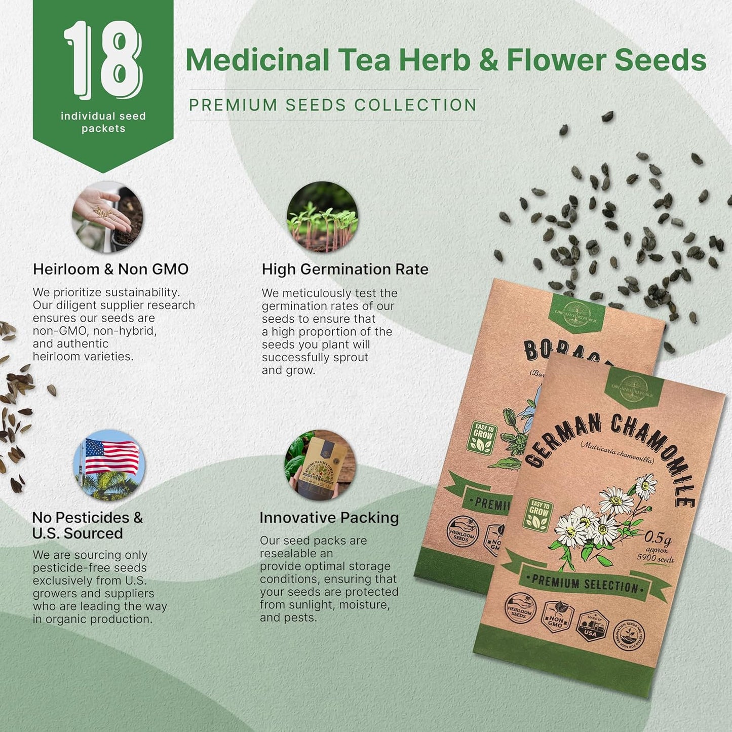 18 Medicinal Tea Herb & Flower Seeds Variety Pack - 6,100+ Non-GMO Heirloom Flower Seeds for Outdoor and Indoor Home Gardening, Including Anise, Borage, Catnip, Chamomile, Dandelion, Lavender, Sage
