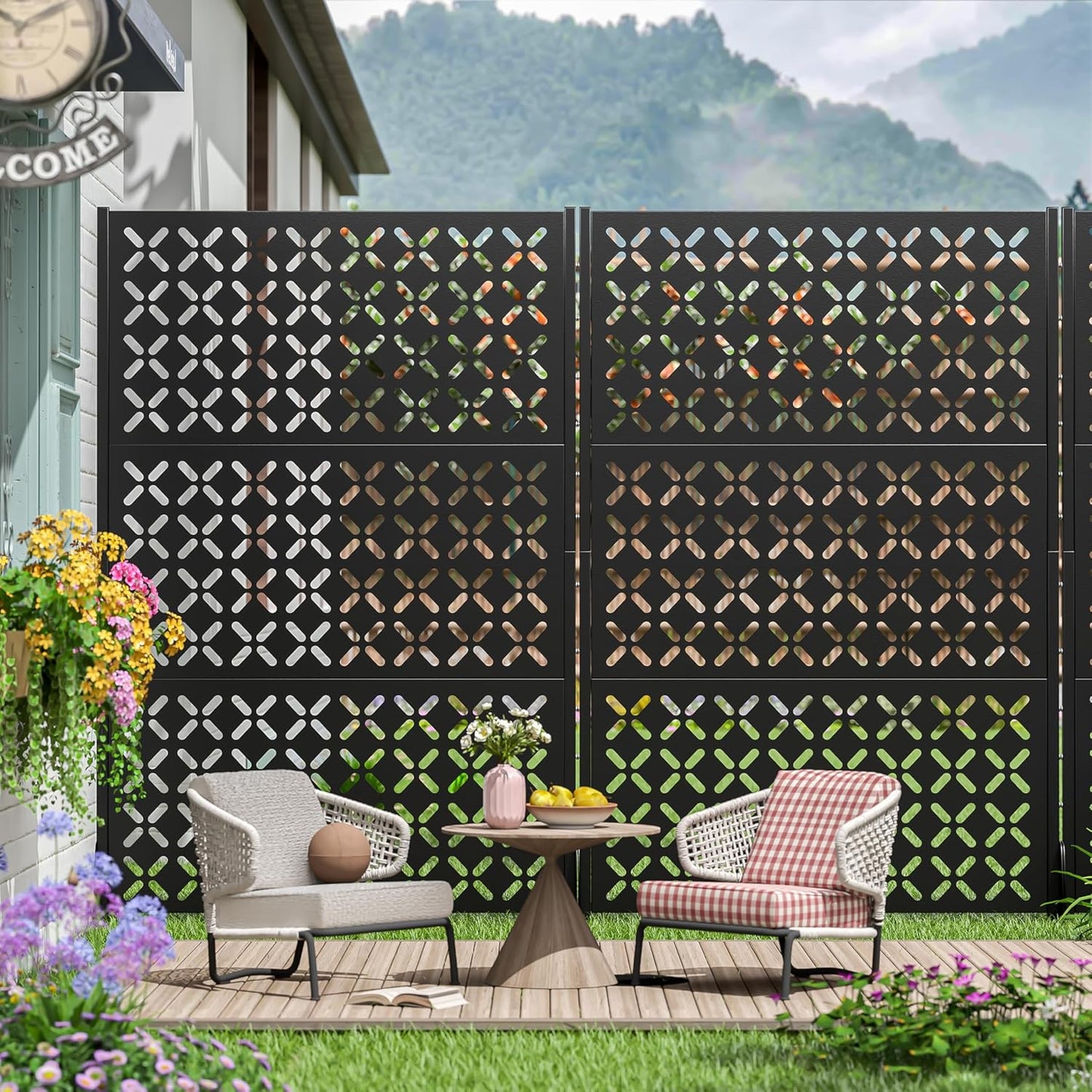 Metal Privacy Screen Outdoor 72" H×47" W,Freestanding Decorative Privacy Screen for Balcony Yard&Garden,Privacy Fence-Black&Louvered (X)