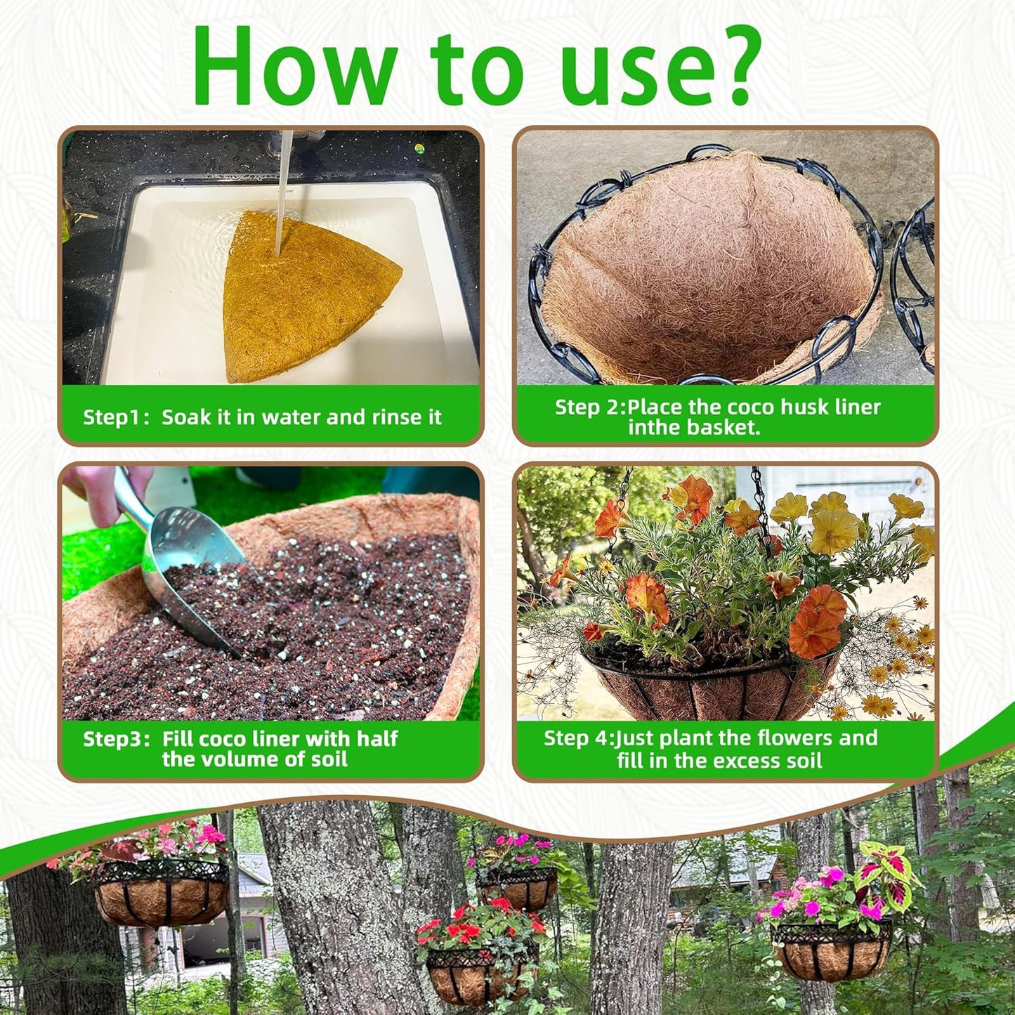 4 Pcs of 18-Inch Hanging Basket Coco Liners Replacement - Natural Round Coconut Fiber Planter Basket Liners for Hanging Basket Flowers