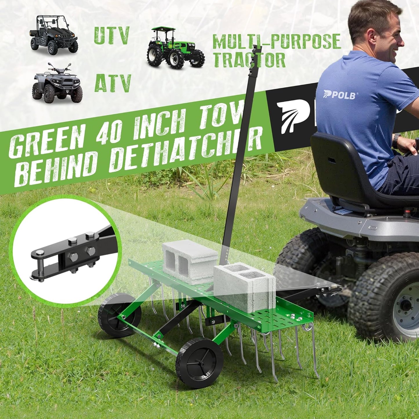 40" Tow-Behind Dethatcher with 20 Spring Steel Tines, Pull Behind Lawn Tractor Mower Grass Rake for Yard, Garden, and Farm Care – Removes Thatch, Leaves, and Pine Needles-Green