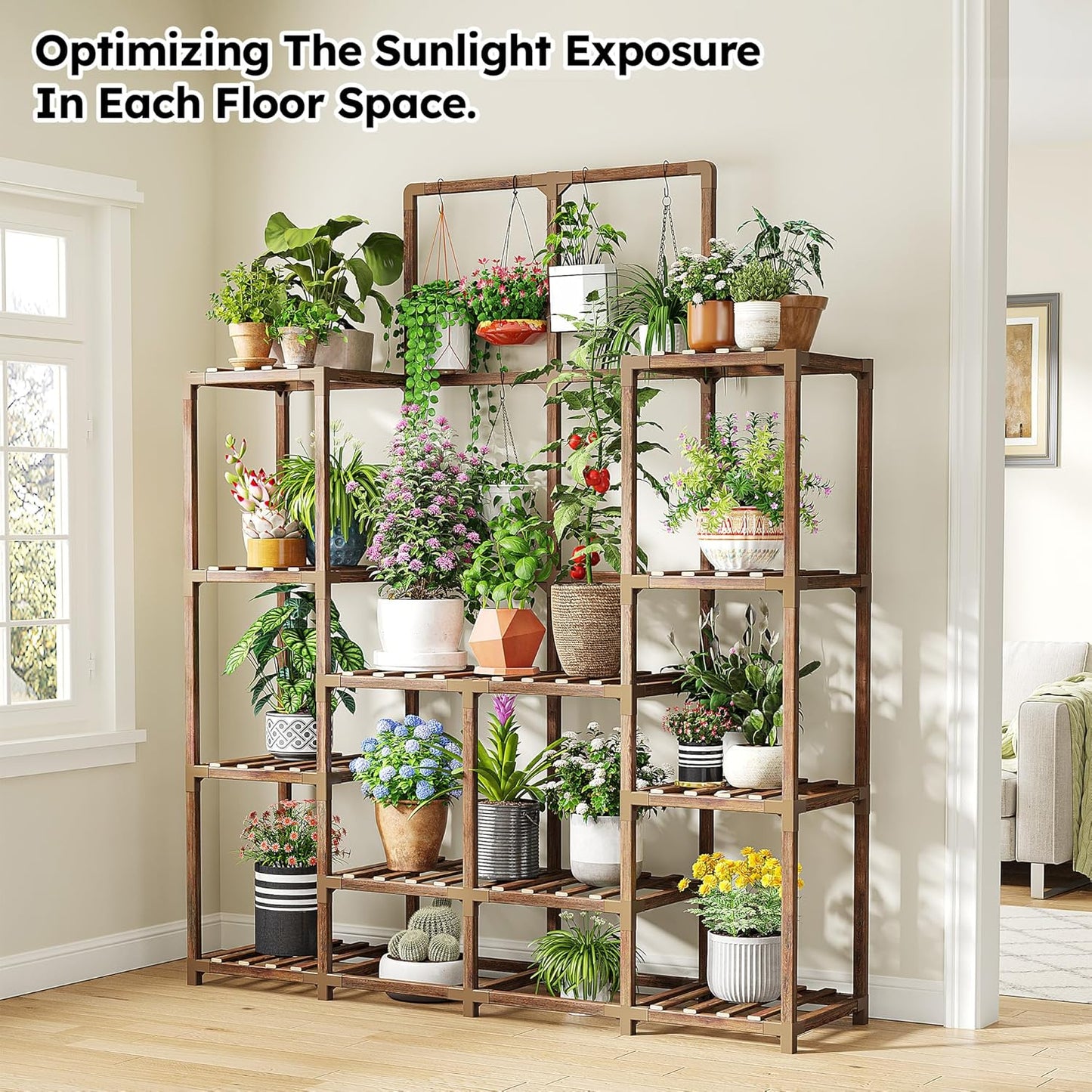 EnHomee Plant Stand Indoor Wood Plant Stand Outdoor Tiered Plant Shelf for Multiple 16-21 Potted Plants for Living Room Patio Balcony Yard Garden 44.9" W x 11.8" D x 62.2" H