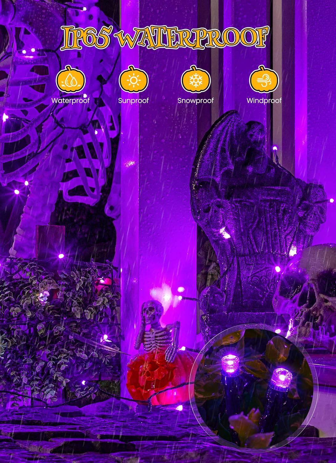 Brightown 4 Pack Halloween Solar String Lights, Total 184FT 480 LED Solar Lights Outdoor Waterproof Black Wire with 8 Modes, Solar Fairy Light for Garden Yard Patio Party Decors, Purple