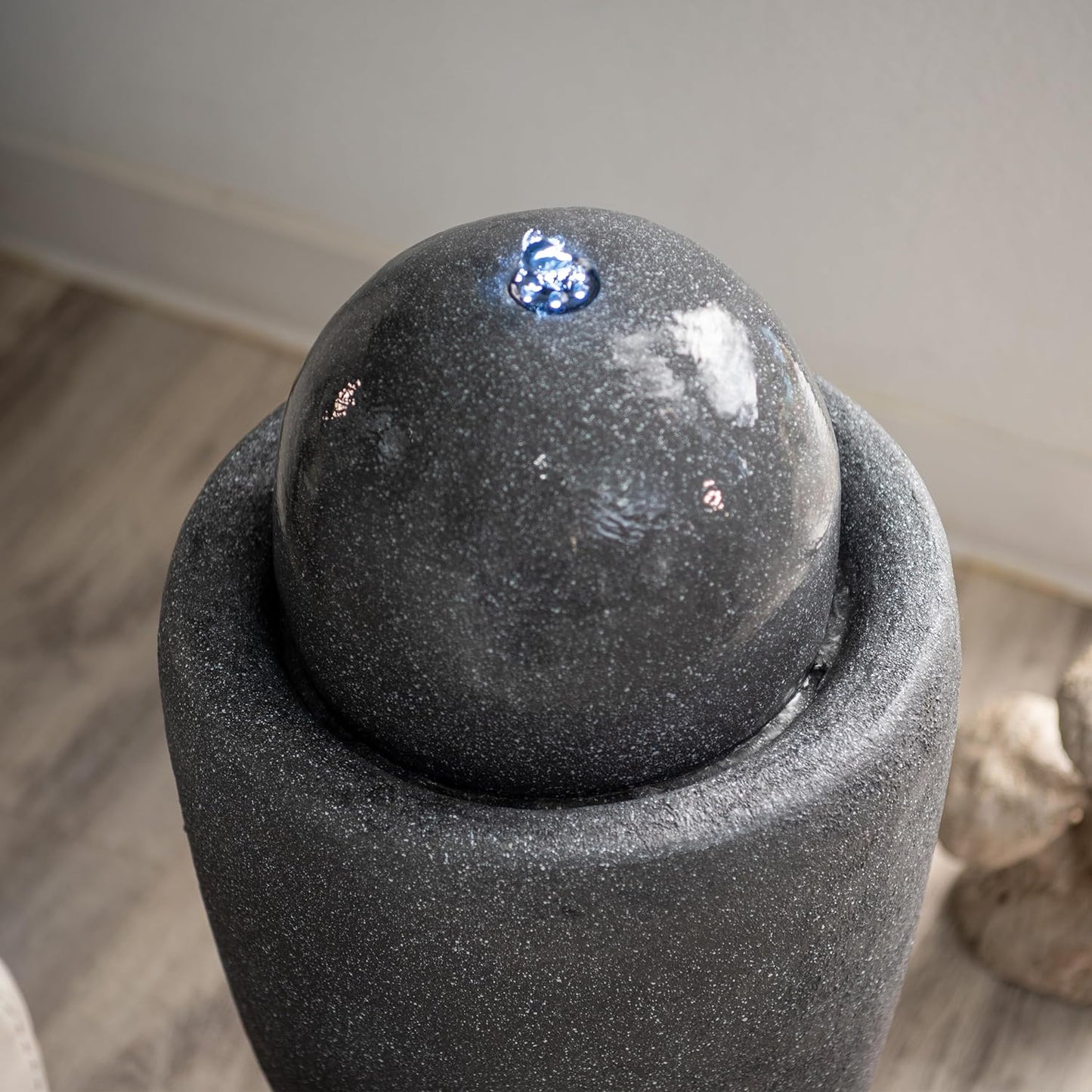 XBrand 25.98" H Round Stone Indoor/Outdoor Modern Stone Textured Sphere Water Fountain w/LED Lights, Ball Fountain Decor, Gray