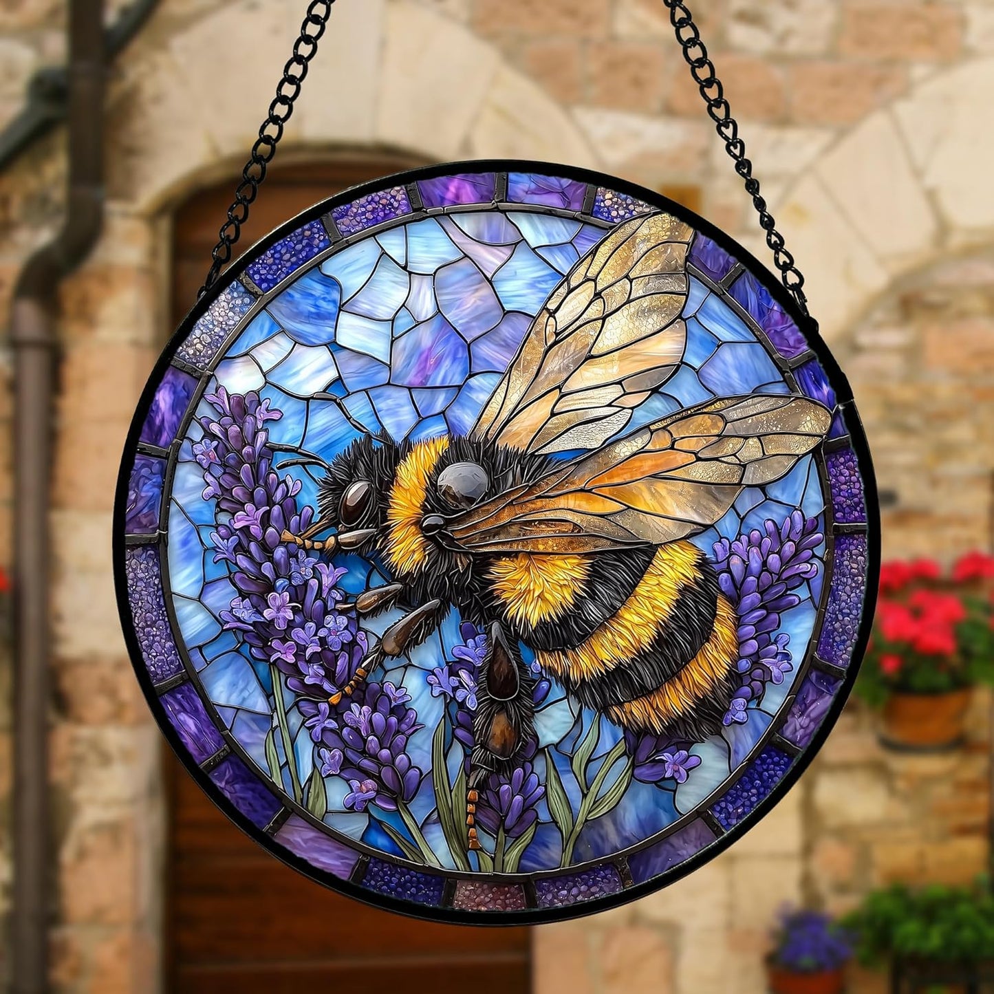 Stained Glass Window Hanging, Bee Lavender Sun Catchers Diamond Glass Panel Hangings Insect Suncatcher Decor for Birthday for Women, Men, Wife, Aunt, and Mom 9.8 in