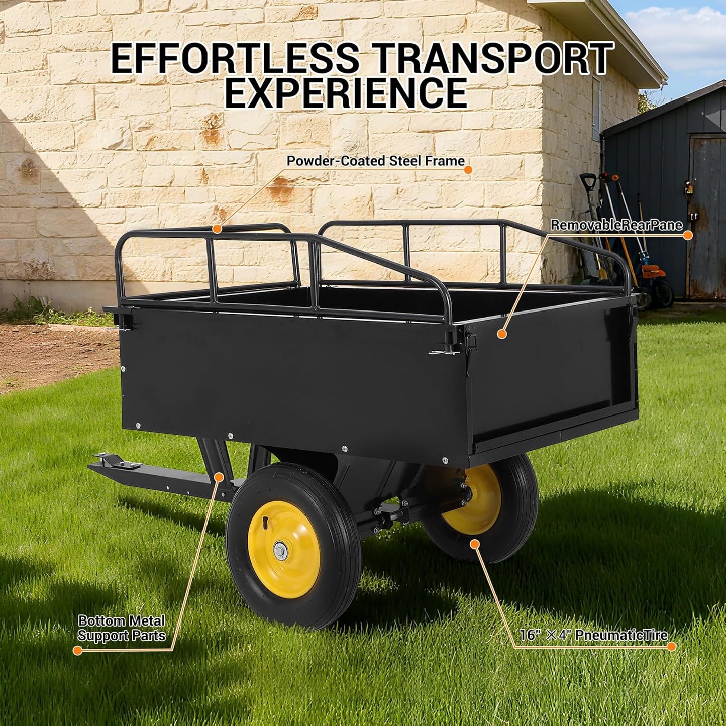 GAOMON 500LB Heavy Duty Tow Behind ATV Trailer Steel Dump Cart - 10-Cubic Feet Capacity - Garden Utility Trailer - Trailers with Removable Tailgate for Riding Lawn Mower Tractor