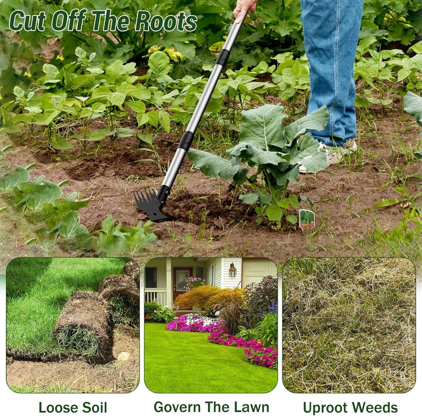 Long Handle Weed Puller Tool – 2-in-1 Handle Garden Hoe and Weed Rake, Hoe Garden Tool for Home Gardens, Lawns, and Yards