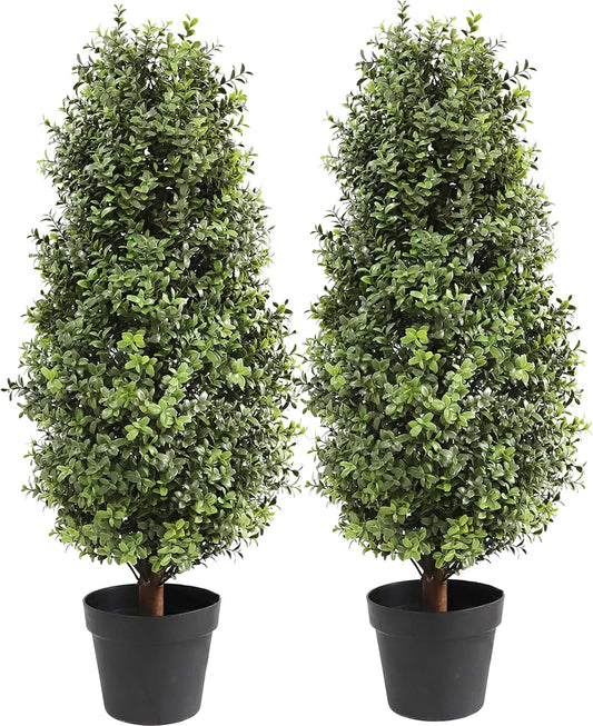 35inch Artificial Topiary Boxwood Tree, Faux Plants Outdoor 2 Packs Fake Bushes Faux Shrub, Artificial Topiary for Outdoors for Home Decor Indoor Front Porch